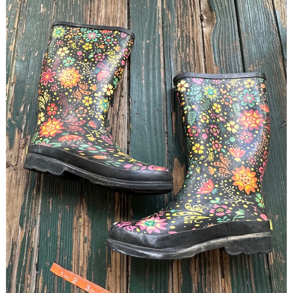 Western Chief Womens Floral Paisley Rubber Rain Boots Black Multi Color Size 7